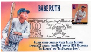AO 3408H, 1989, Legends of Baseball, FDC, Add On Cachet, Babe Ruth, SC 3408h