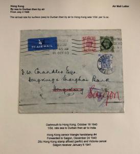 1940 Dartmouth England Airmail Cover To Hong Kong Bank Forwarded To Saigon