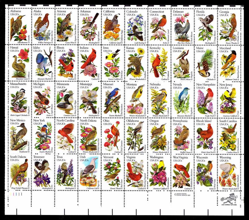 U.S. #2002B State Birds & Flowers Perf 10.5 x 11 Sheet of 50 -  $27.50 (ESP#029) 