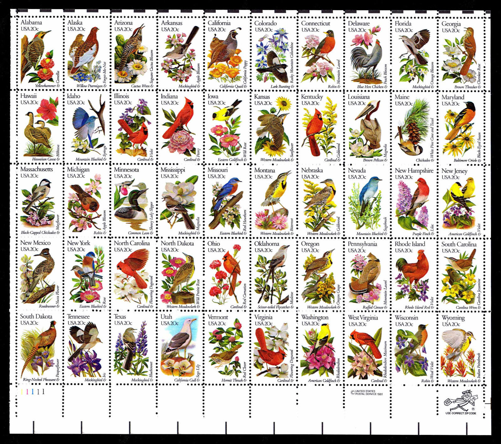 U S 2002B State Birds Flowers Perf 10 5 X 11 Sheet Of 50 27 50 