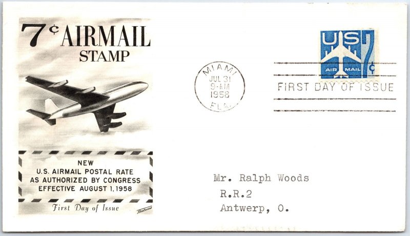 US FIRST DAY COVER 7c AIRMAIL COIL STAMP ON HOUSE OF FLEETWOOD CACHET 1958