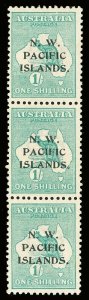 New Guinea 1915 KGV Roos 1s strip shows 'a, b & c' overprint types MNH. SG 81.