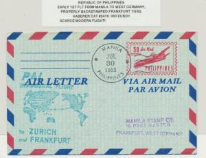 PHILIPPINES 1952 EARLY 1sT FLT MANILA-GERMANY AIR LETTER, HABERER CAT#2418