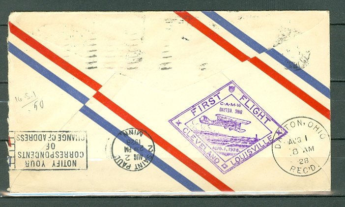 US 1928 1st AIRMAL FLIGHT..CAM 16...AUG. 1 CLEVELAND-DAYTON-WINNIPEG