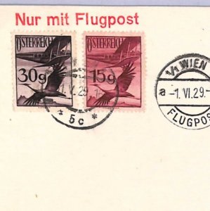 AUSTRIA Air 1929 Card FIRST FLIGHT SWEDEN Stockholm/Kalmar Vienna {Joffe}WT141