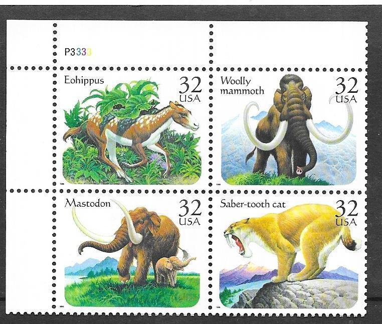 US# 3080a 32c Prehistoric Animals Plate Block of 4 (MNH) CV$2.60