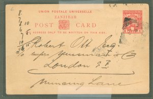 Zanzibar  1902 1 Anna carmine on buff, used to London, long message, misc notations at left