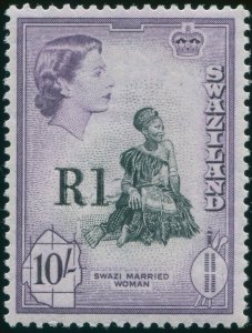 Swaziland 1961 1r on 10s Type II black & deep lilac SG76a unused