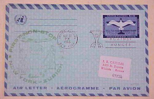 UNITED NATIONS  NY AIR LETTER FLIGHT  1966 MAY 27 NY B/S ZURICH