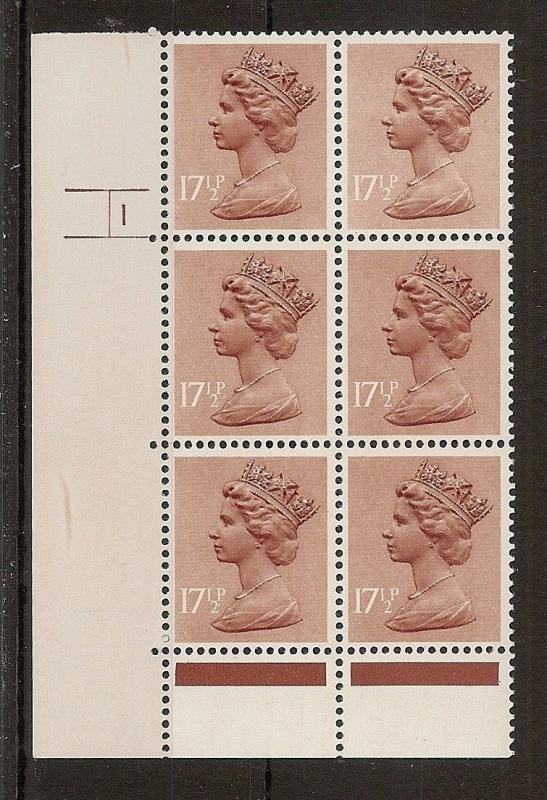 GB QEII Machin 17.5p Cyl 1 MNH Block