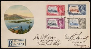 DOMINICA 1935 Registered cover franked KGV Silver Jubilee set. To USA.