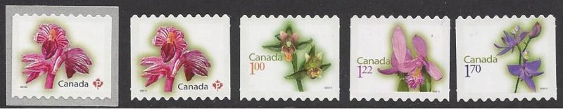 Canada #2361, 2357ii-60ii MNH die cut set from coils, flowers, issued 2010