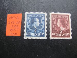 LIECHTENSTEIN 1951-2 USED SC 259-260 XF $147.50 (178)