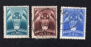 Romania 1932 Set of 3 Aviator Postal Tax, Scott RA19-RA21 used, value = 75c