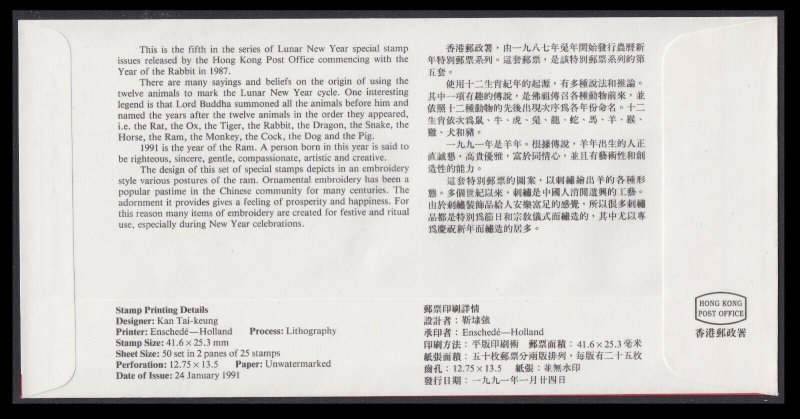 Hong Kong Lunar New Year Ram souvenir sheet (Shatin Postmark) FDC 1991