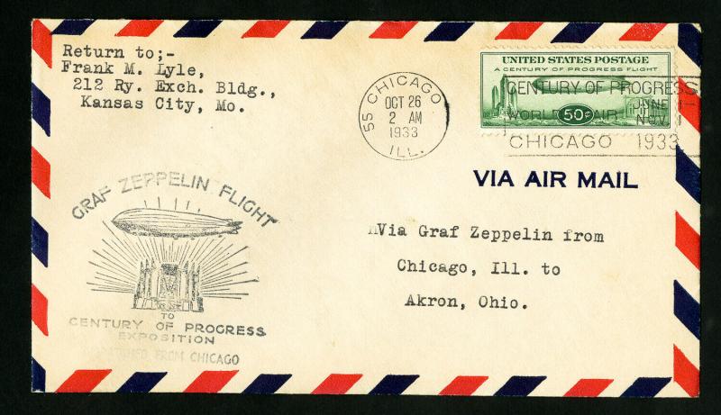 US Stamps # C18 Fresh Flight From Chicago IL To Akron OH, 1933