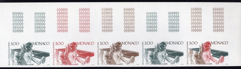 Monaco 1987 Sc#1577 TENNIS Strip of 5 TRIAL COLOR IMPERFORATED MNH