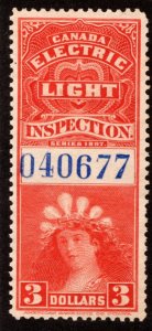 van Dam FE15a, $3 , MNG, Federal Electric Light Inspection, Canada Revenue Stamp