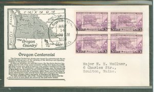 US 783 1936 3c Oregon Territory Centennial (block of four) on an addressed (typed) first day cover with an Anderson cachet & a W