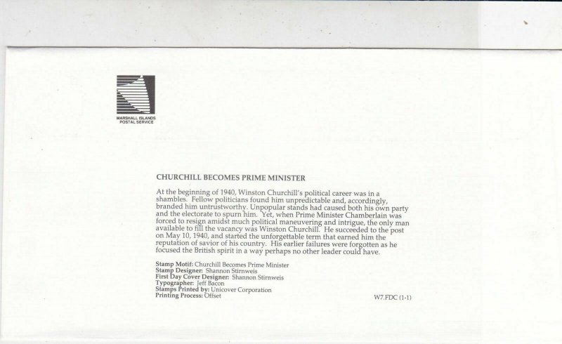 Marshall Islands 1990 Churchill Becomes PM Cancel Pic + Stamp FDC Cover Rf 32045