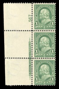 United States, 1894-95 #279 Cat$85, 1897 1c deep green, vertical plate number...