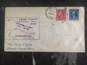 1929 Miami Usa First Flight Cover FFC To San Juan Puerto Rico Flown Lindbergh