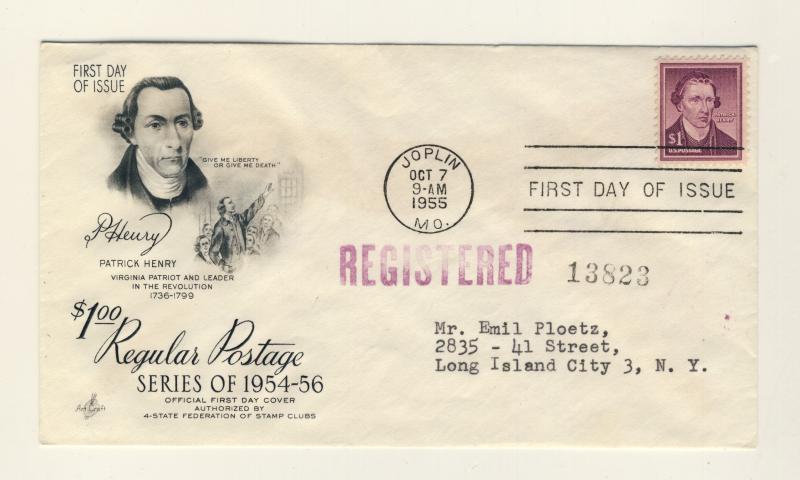 US - 1955 - Scott 1052 FDC $1 Patrick Henry (Art Craft Cachet) - Registered