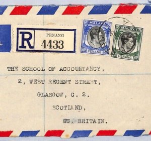 Malaya PENANG Air Mail Cover Registered 1952 GB Scotland Glasgow {samwells}YC341