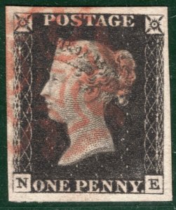 GB PENNY BLACK 1840 QV SG.2 1d Plate 1b (NE) VARIETY Cat £450 {samwells}REDG22