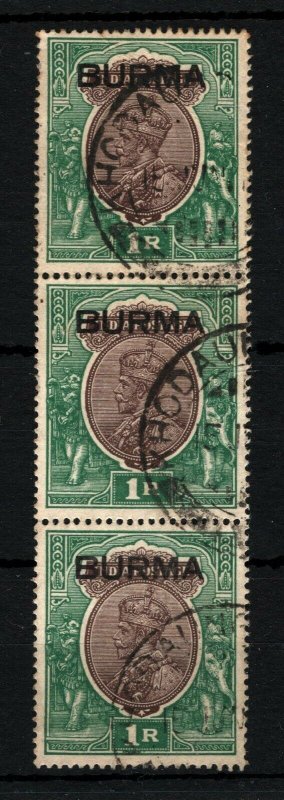 BURMA KGV Stamps STRIP{3} 1R High Value Used KHODAUNG CDS India Overprint SS3831