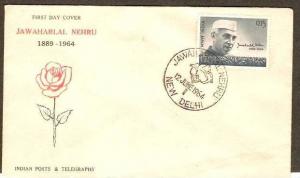 India 1964 Jawaharlal Nehru, Rose, Prime Minister Sc 388 FDC