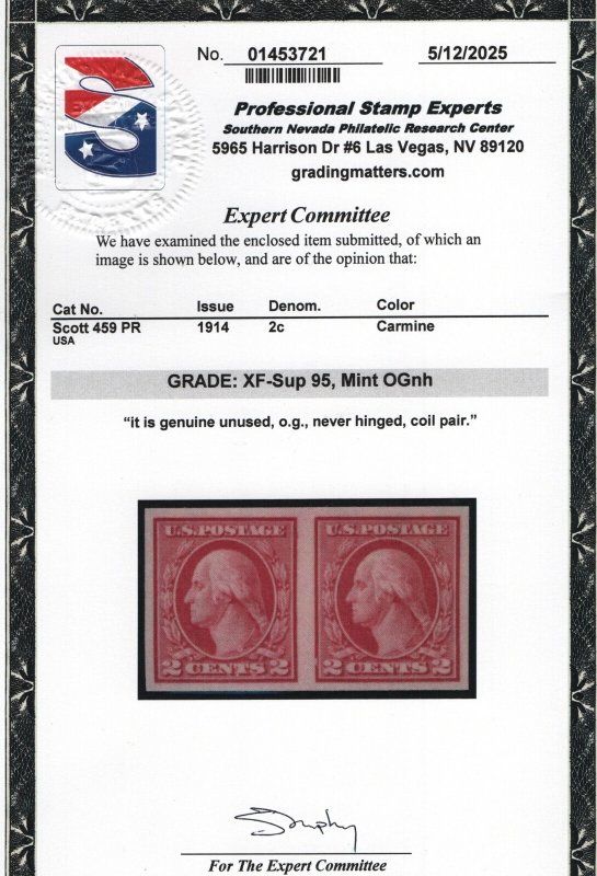 459 Pair Superb -  XF OG with PSE cert 95 never hinged nice color ! see pic !