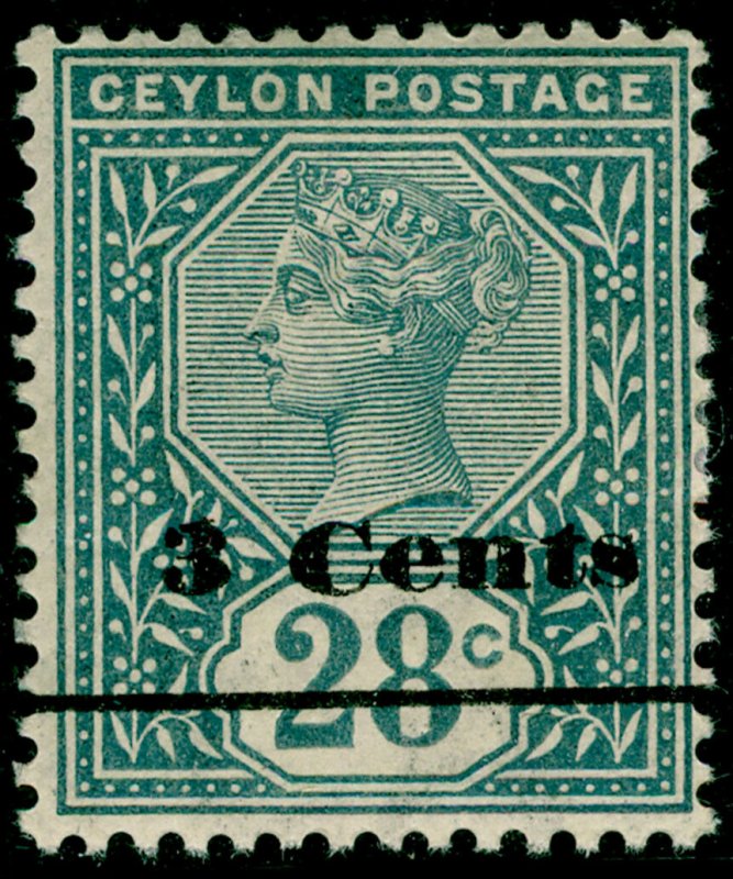 CEYLON SG243, 3c on 28c slate, M MINT.