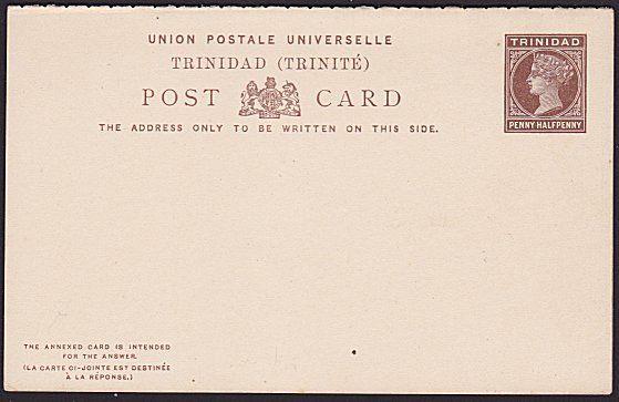 TRINIDAD QV 1½d postcard with reply card fine unused........................5399