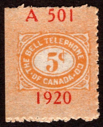 van Dam TBT73, 5c, yellow orange, Uncan., 1920, Ser #A501, Bell Canada Telephone