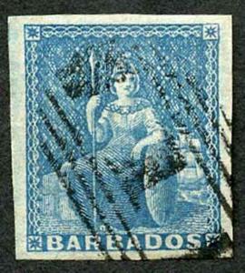 BARBADOS SG9 1855 1d Pale Blue on White Paper Four Margins Cat 70