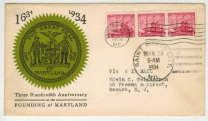 1934 FOUNDING OF MARYLAND 300th Anniv #736 STRIP OF 3 DUAL CANCEL Machine + Hand