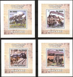 {366} Sao Tome and Principe 2009 Trains Zebras Lions Elephants 4 S/S Deluxe MNH