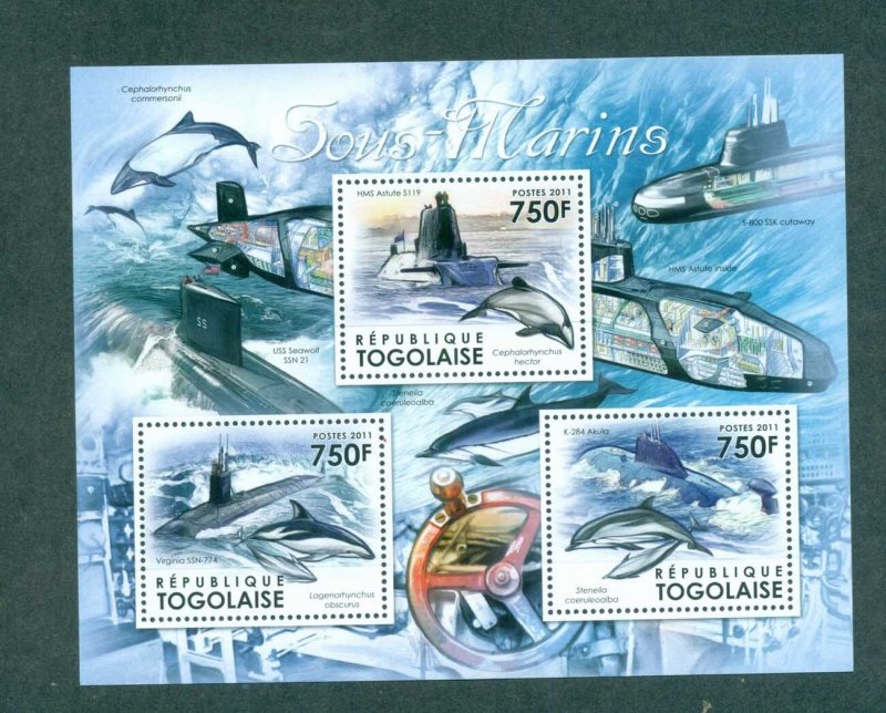 Togo 2011 Marine Life, Whales, Dolphins, Submarine MS MUH TG11611a