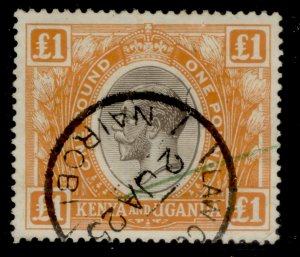 KENYA and UGANDA GV SG95, £1 black and orange, FINE USED. Cat £325.