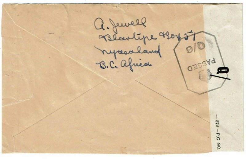 Nyasaland 1943 Blantyre cancel on cover to the U.S., censored