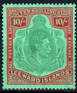 1938-51 LEEWARD ISLANDS KGVI 10/- BLUISH GREEN & DEEP RED/GREEN (SG#113) MH VF