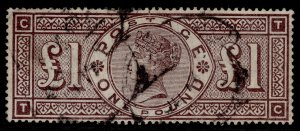 GB QV SG185, SCARCE £1 brown-lilac WMK CROWNS, FINE USED. Cat £3000. TC 