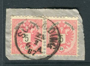 AUSTRIA; 1887 classic Arms type fine used 5k. POSTMARK PAIR on PIECE