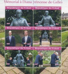 Chad 2021 MNH Royalty Stamps Princess Diana Memorial Prince William Harry 6v M/S