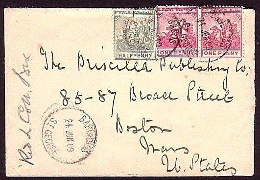 BARBADOS 1909 cover to USA :  ST GEORGES village cds.......................34449 