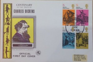 GB FDC 1970 LITERARY ANNIVERSARIES DICKENS BLOCK ON OFFICIAL COVER