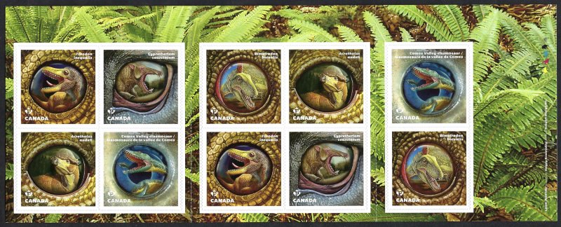 Canada #2928a P Dinosaurs (2016). Booklet of 10 stamps. Five designs. MNH