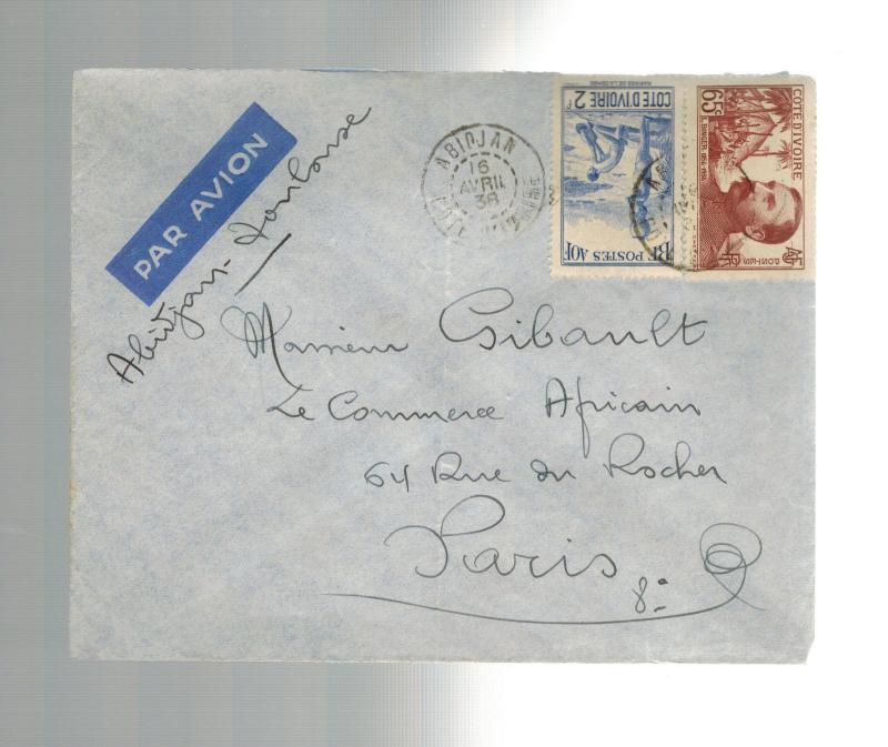 1938 Abidjan Ivory Coast cover to France 