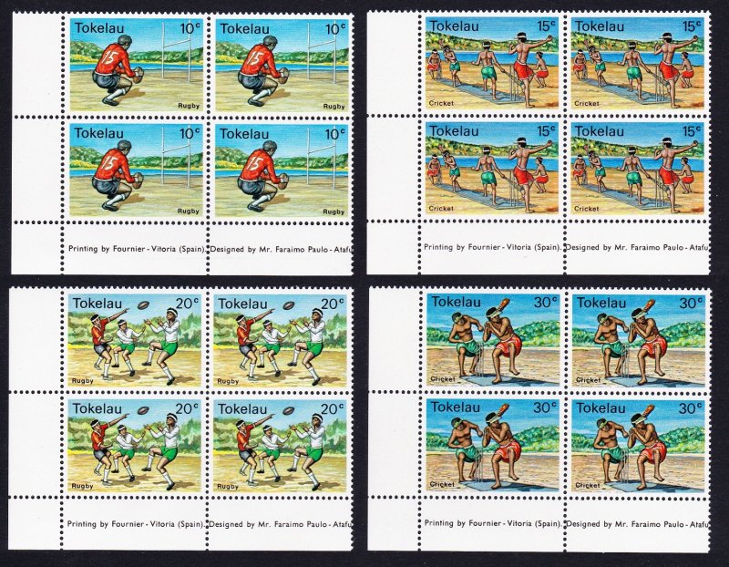 Tokelau Local Sports 4v Left Bottom Corner Blocks of 4 1979 MNH SC#69-72